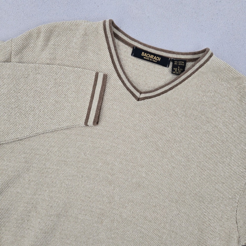 Bachrach Large V-Neck Textured Knit Sweater Mens Beige Brown Made in Italy